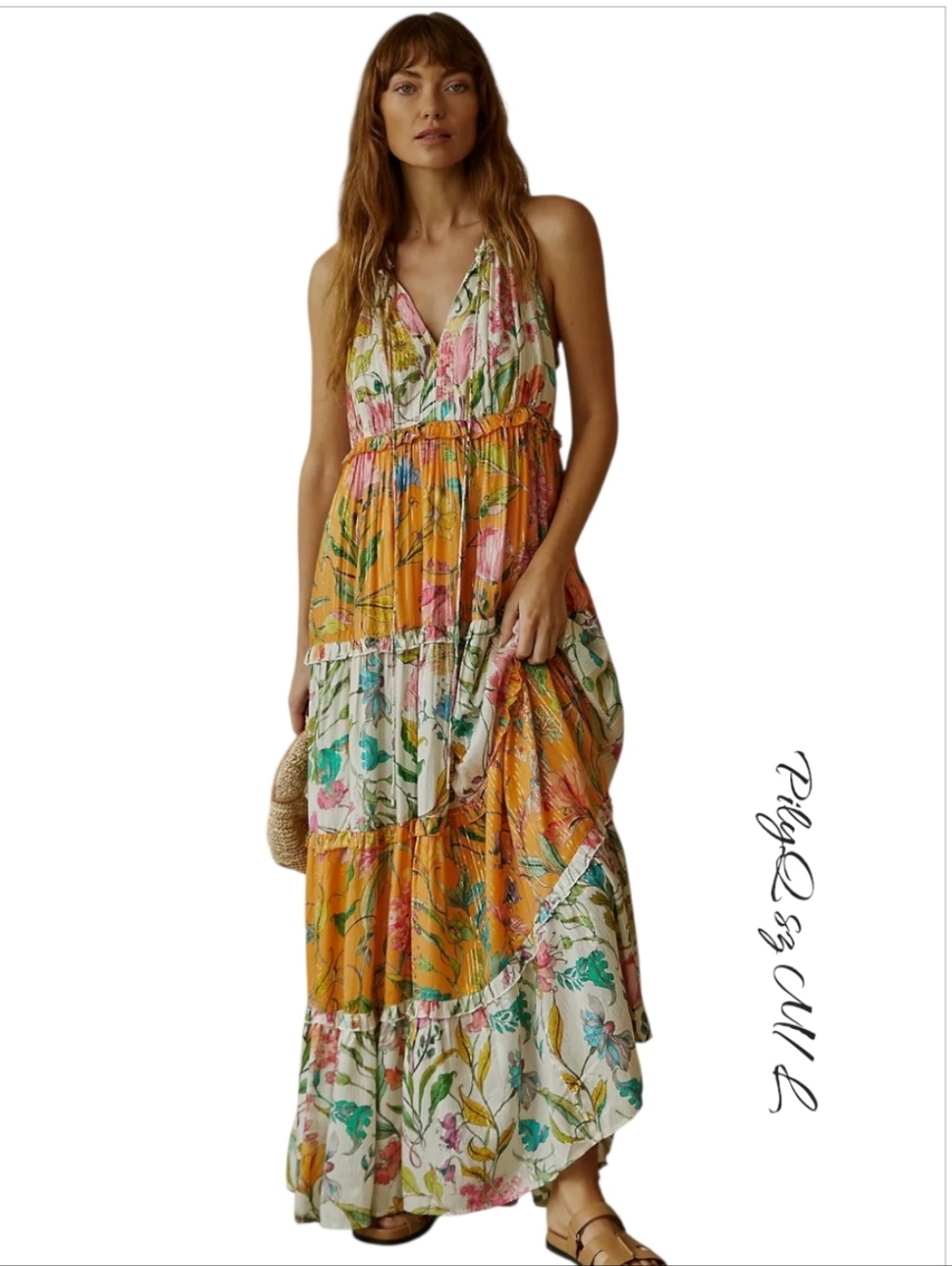 PQ Swim x Anthropologie Floral Ruffle Tiered Maxi Dress Cover up Orange M/L NWT